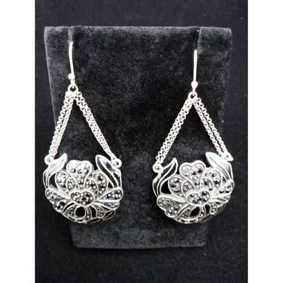 Vintage Silvertone Chain Drop Earrings Black Rhinestone Statement Dangle Gothic - Picture 7 of 14